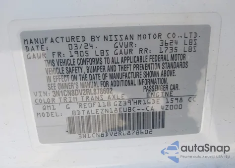 2024 Nissan Versa 1.6 S from USA, damaged, VIN 3N1CN8DV2RL878602